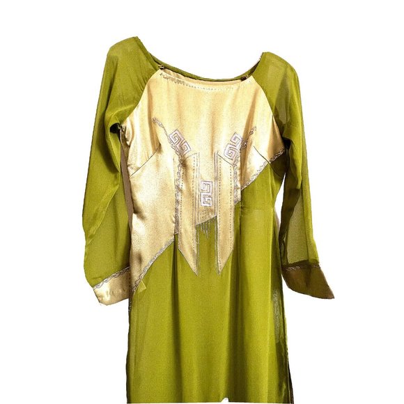 Asian Chinese Long Maxi Sheer Cocktail Dress Size S Green Metallic Silver - Picture 6 of 15